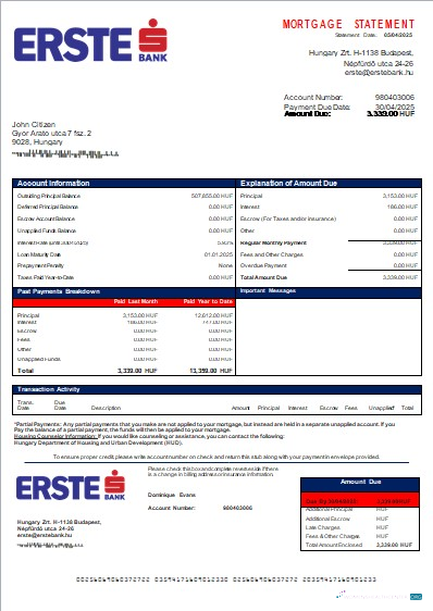 Download Hungary Erste bank mortgage statement scr Photoshop template